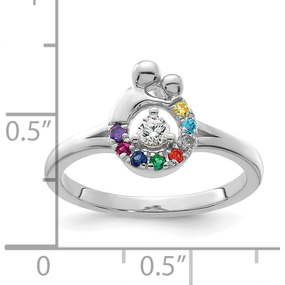 14K White Gold Mother and Child Motif Ring with Prong-Set Diamond Center and 8 Round Birthstones by 0