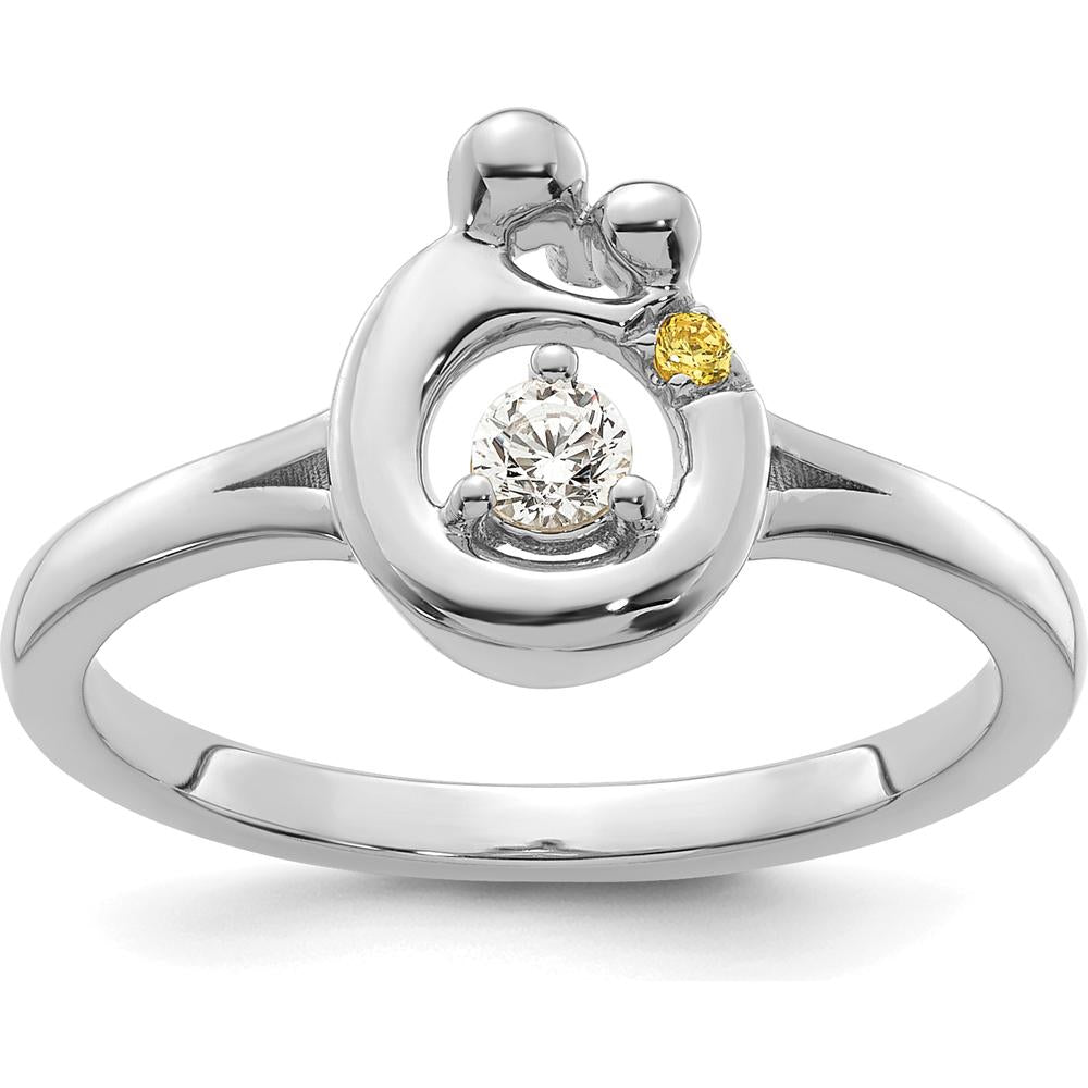 14K White Gold Mother & Child Ring with Bezel-Set Diamond and Personalized Birthstone Accent by 0