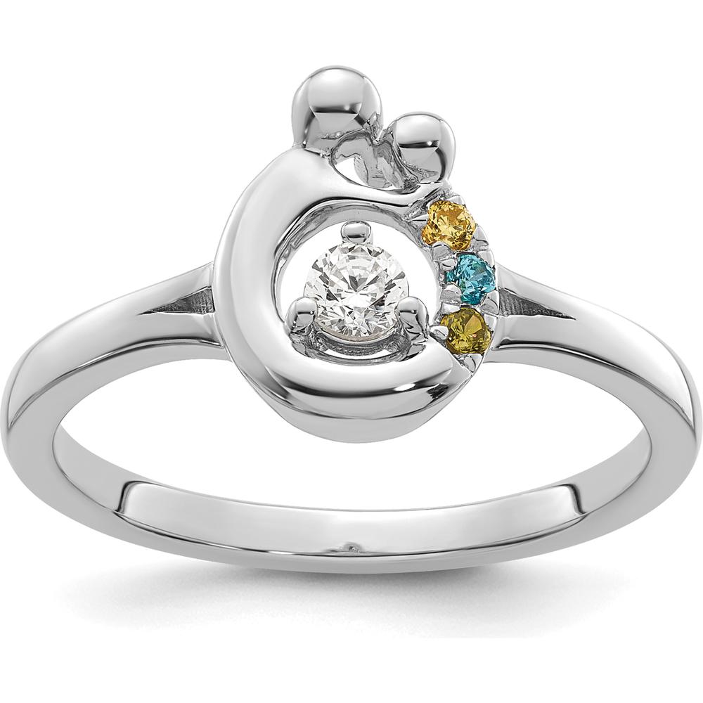 14K White Gold Mother and Child Ring with Bezel Set Round Diamond and Three Birthstones - Semi-Mount Customizable Design by 0