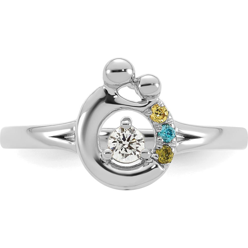 14K White Gold Mother and Child Ring with Bezel Set Round Diamond and Three Birthstones - Semi-Mount Customizable Design by 0