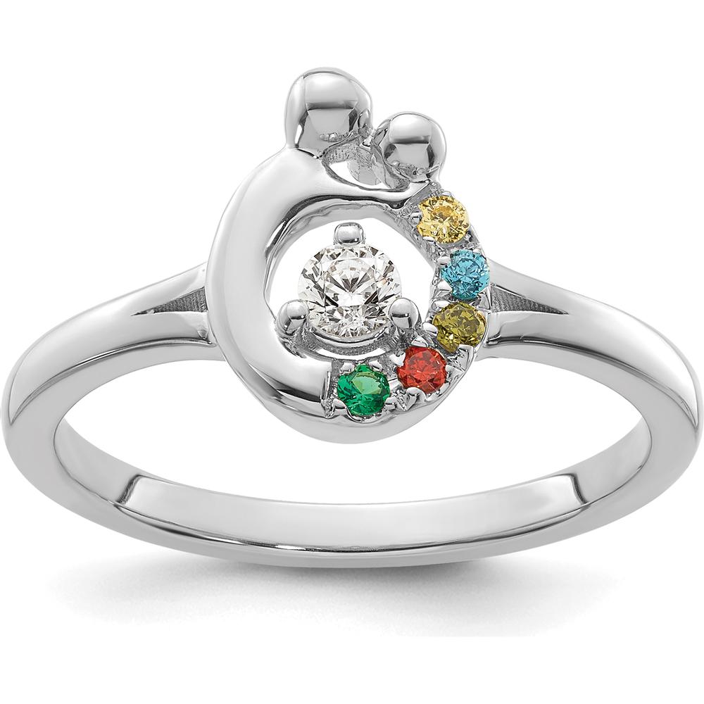 14K White Gold Mother and Child Ring with Round Diamond and 5 Custom Birthstones by 0