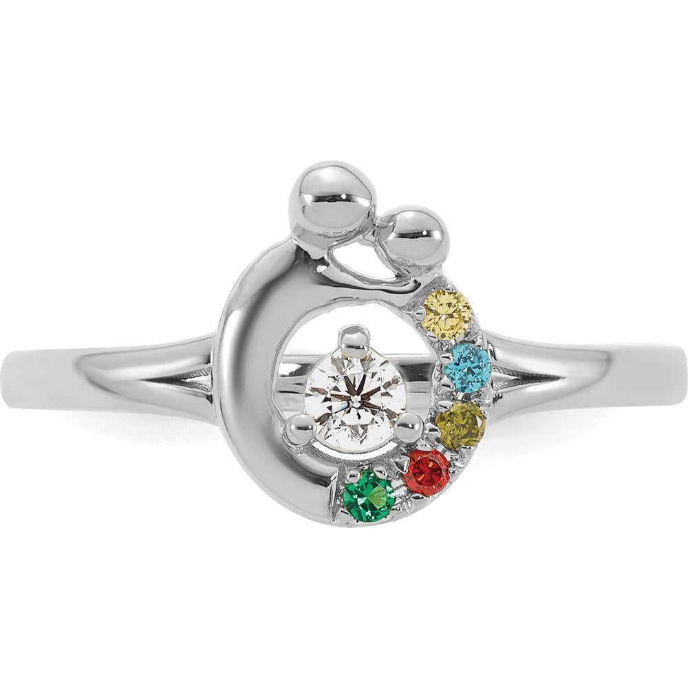 14K White Gold Mother and Child Ring with Round Diamond and 5 Custom Birthstones by 0