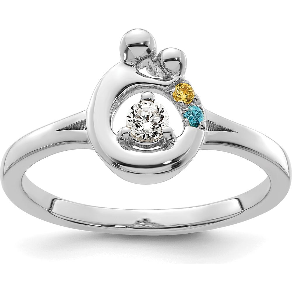 14K White Gold Mother/Child Ring with Round Diamond and Two Birthstones - Personalized Gem Accents by 0