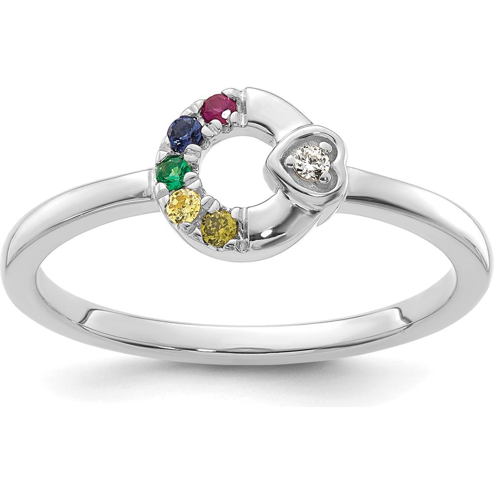 14K White Gold Mother's Circle Ring with Bezel-Set Diamond Heart Accent and Five Custom Round Birthstones by 0