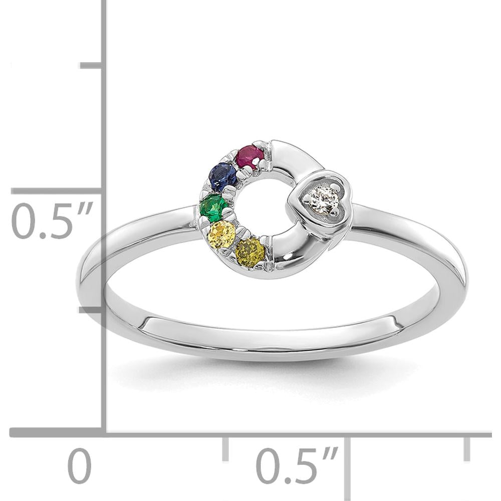 14K White Gold Mother's Circle Ring with Bezel-Set Diamond Heart Accent and Five Custom Round Birthstones by 0