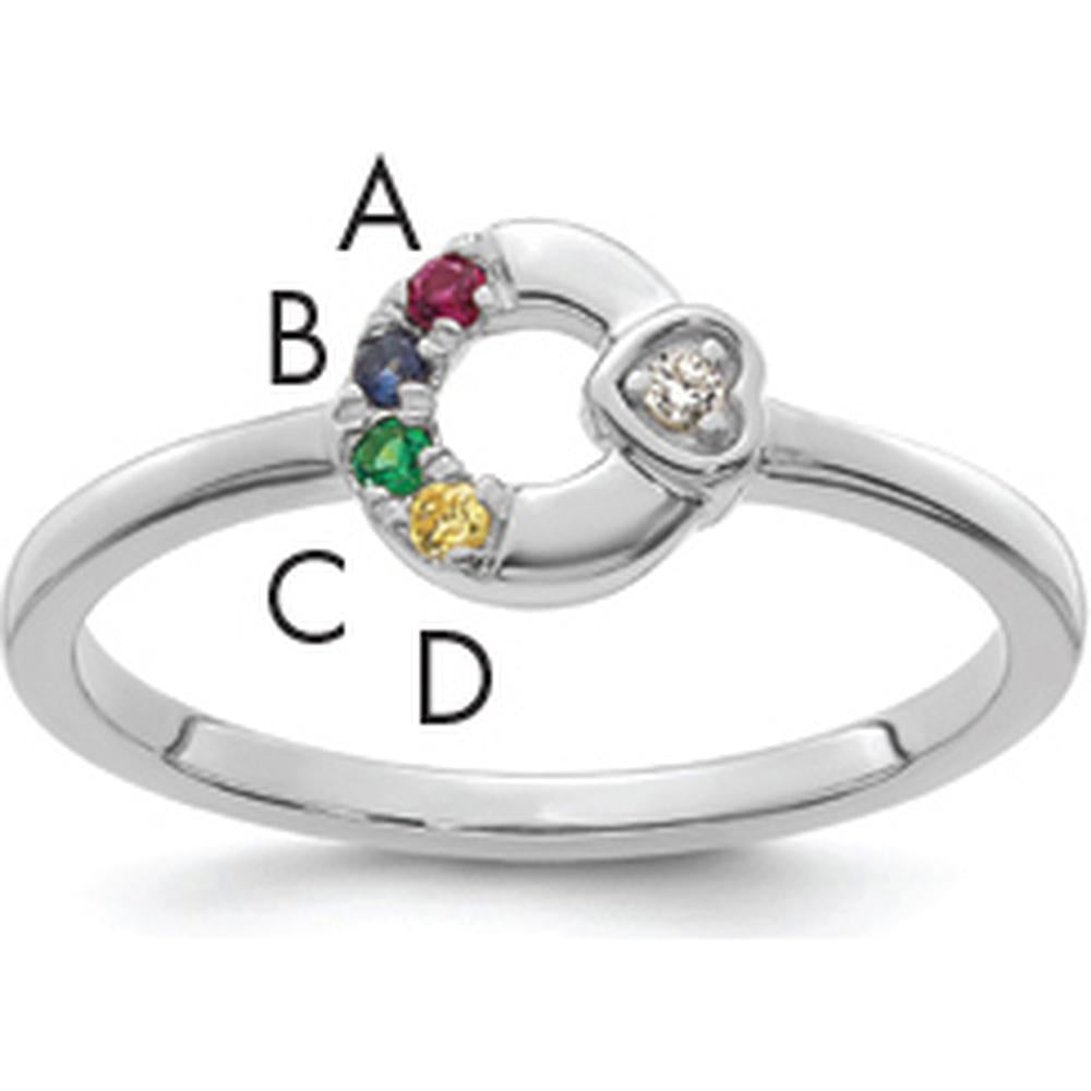 14K White Gold Mother's Circle Ring with Diamond-Set Heart and Four Custom Birthstones by 0