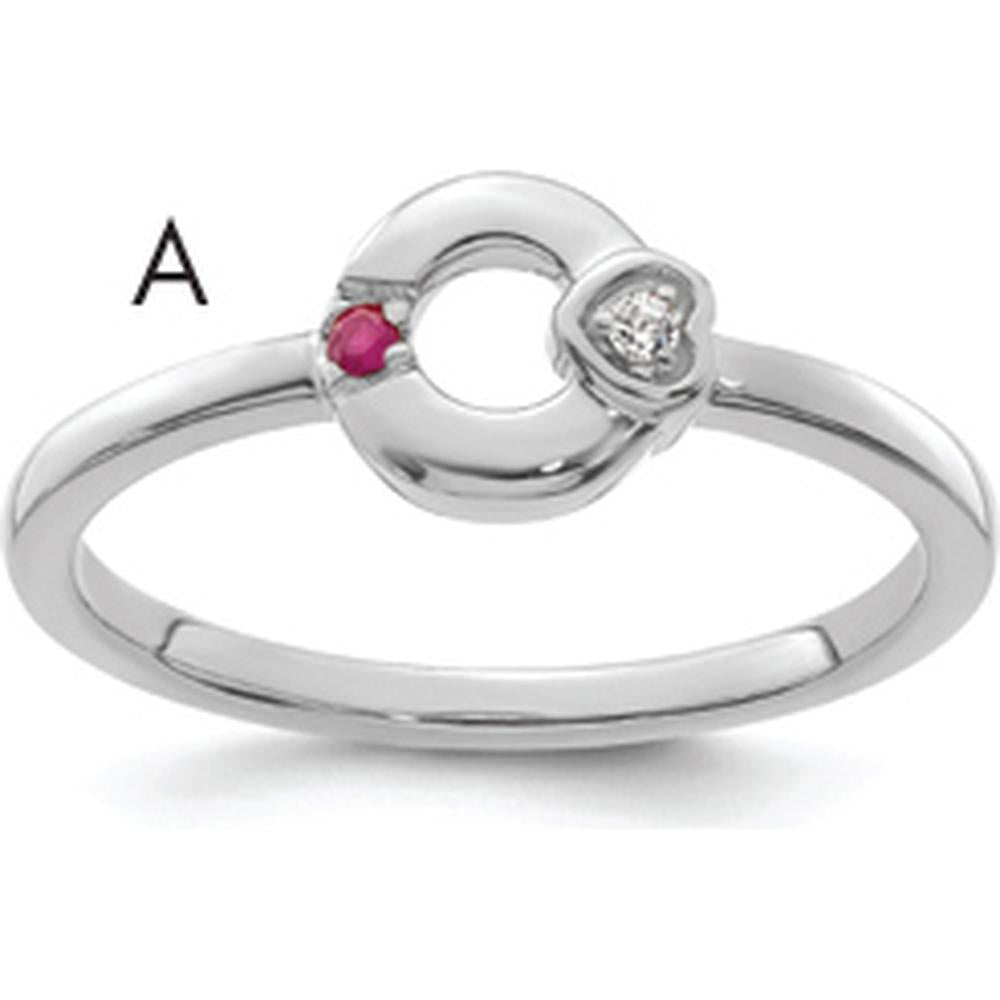 14K White Gold Mother's Circle Ring with Heart Diamond and Ruby Birthstone by 0
