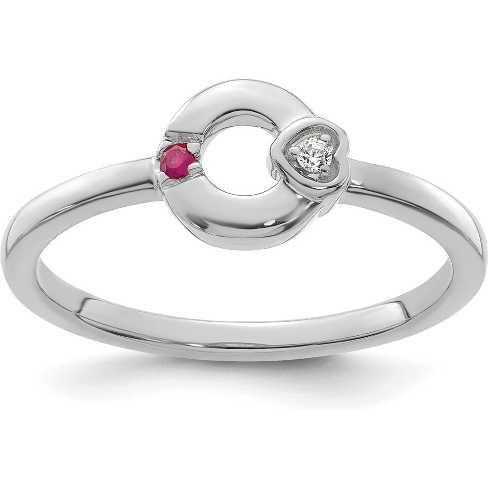 14K White Gold Mother's Circle Ring with Heart Diamond and Ruby Birthstone by 0