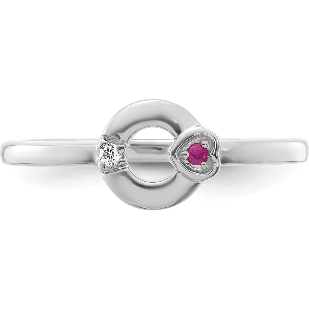 14K White Gold Mother's Circle Ring with Heart Diamond and Ruby Birthstone by 0