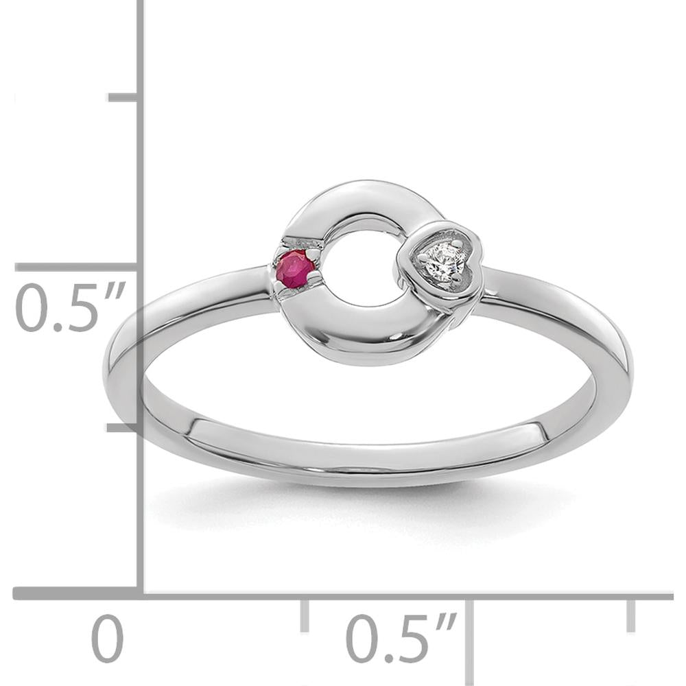 14K White Gold Mother's Circle Ring with Heart Diamond and Ruby Birthstone by 0