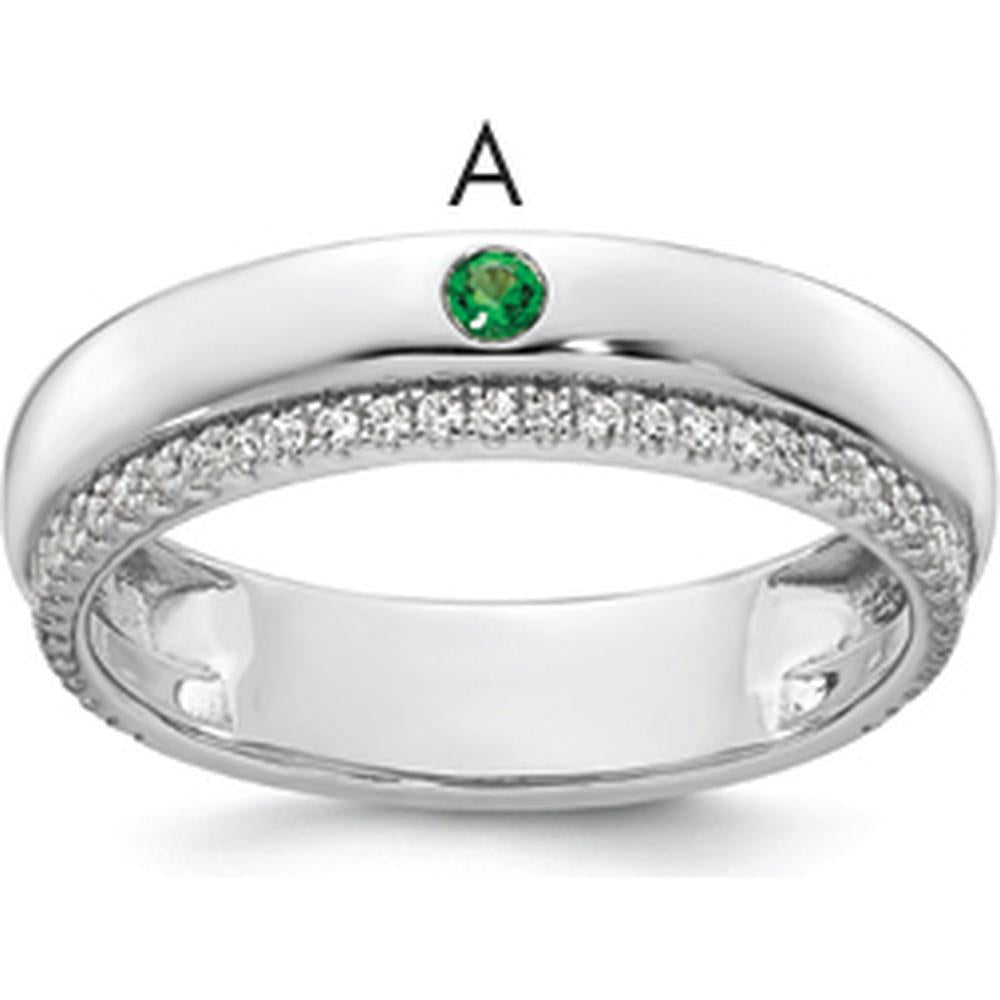 14K White Gold Mother's Ring with Green Birthstone and Diamond Milgrain Band by Oro Pregiato