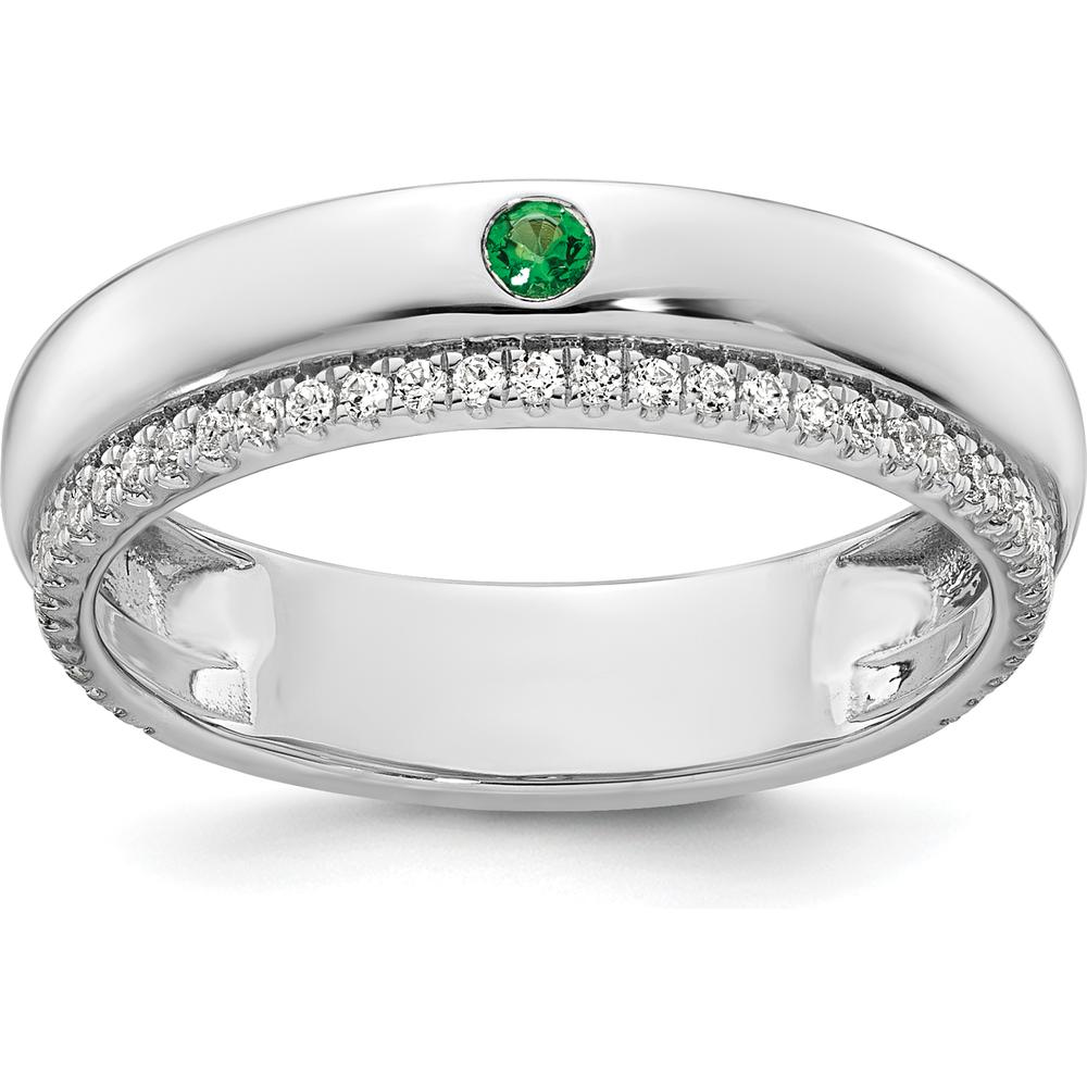14K White Gold Mother's Ring with Green Birthstone and Diamond Milgrain Band by Oro Pregiato