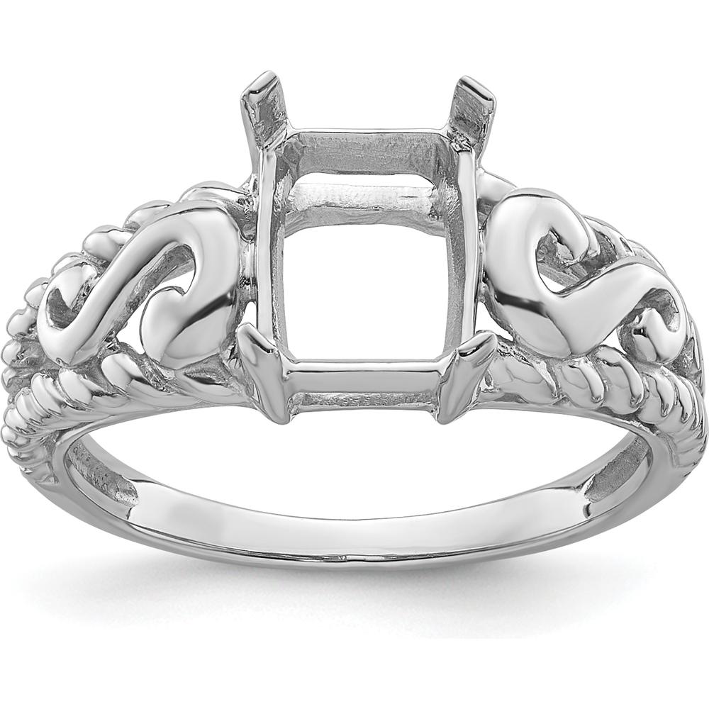 14K White Gold Mounting for 8x6mm Emerald-Cut Gemstone - Rhodium Plated by Monteluci Fine Jewelry