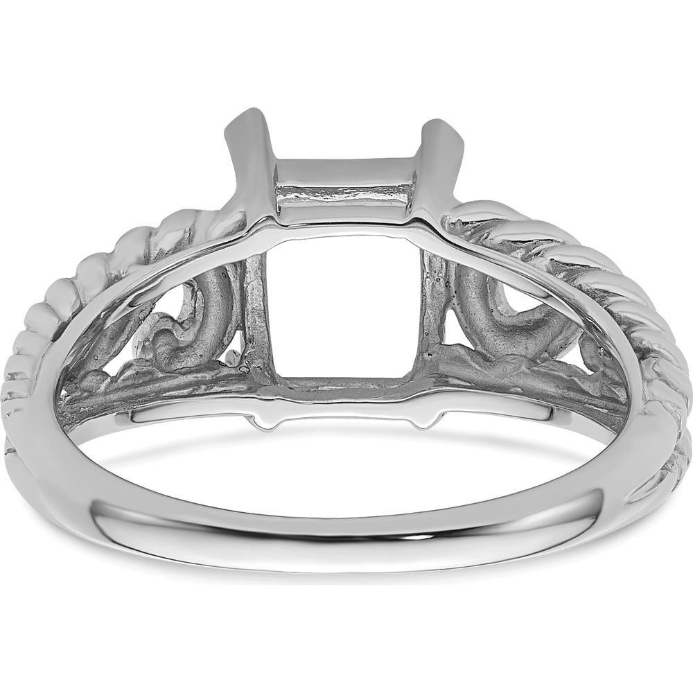 14K White Gold Mounting for 8x6mm Emerald-Cut Gemstone - Rhodium Plated by Monteluci Fine Jewelry