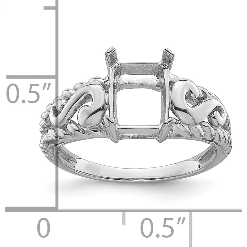 14K White Gold Mounting for 8x6mm Emerald-Cut Gemstone - Rhodium Plated by Monteluci Fine Jewelry