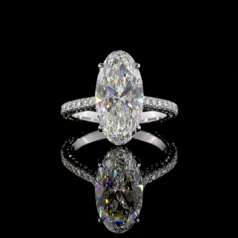 14K White Gold Moval Cut Lab Diamond Hidden Halo Ring with Micro-Pavé Band - 3.70 Carat Center, 4.67 Carat Total Diamond Weight - Covaloro Fine Jewelry