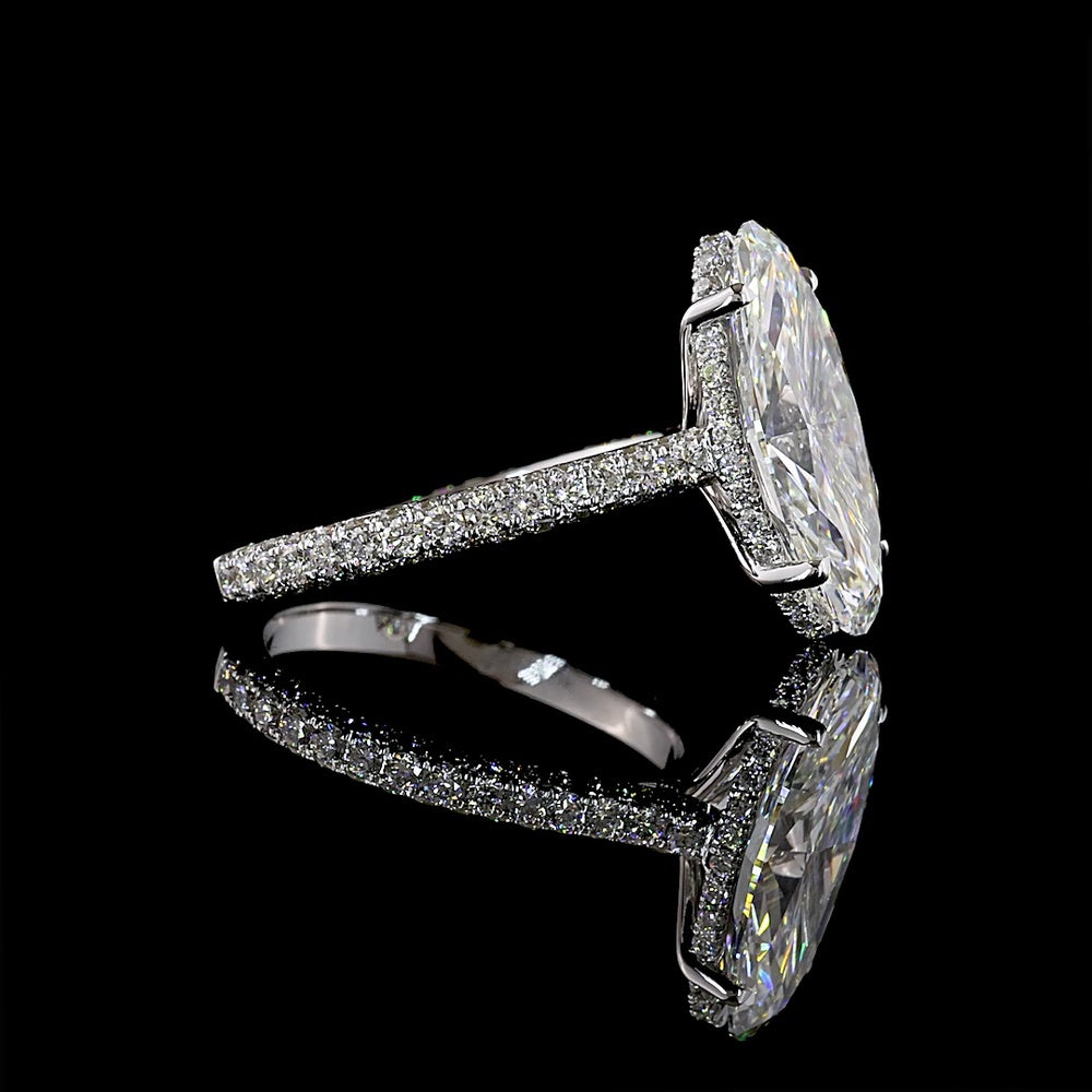 14K White Gold Moval Cut Lab Diamond Hidden Halo Ring with Micro-Pavé Band - 3.70 Carat Center, 4.67 Carat Total Diamond Weight - Covaloro Fine Jewelry
