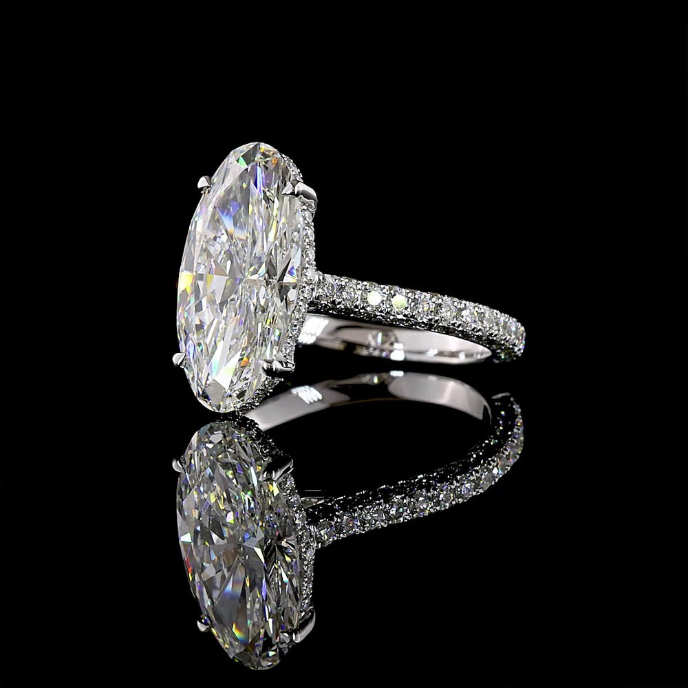 14K White Gold Moval Cut Lab Diamond Hidden Halo Ring with Micro-Pavé Band - 3.70 Carat Center, 4.67 Carat Total Diamond Weight - Covaloro Fine Jewelry