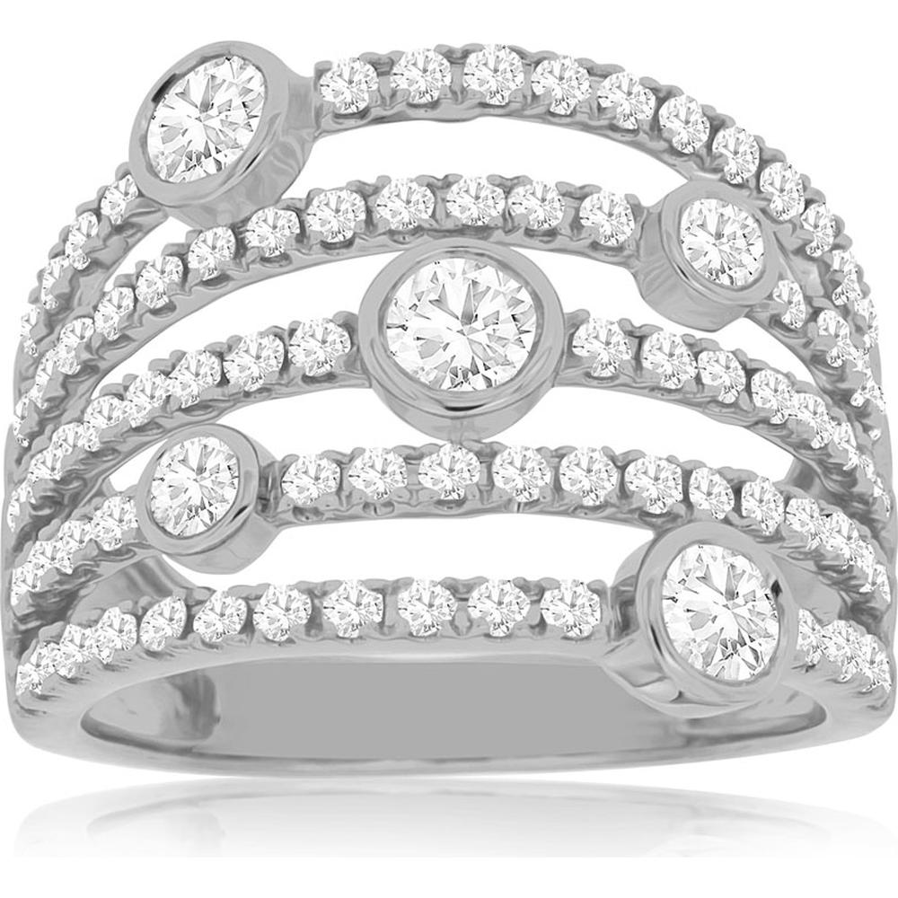 14K White Gold Multi-Band Contemporary Ring with 1.50 Carat Round Bezel-Set and Pavé Diamonds - Royal Jewelry