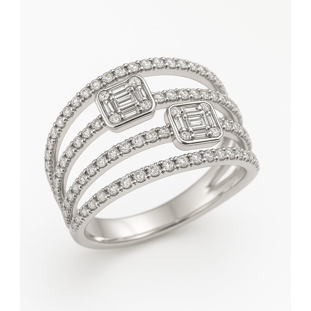 14K White Gold Multi-Band Fashion Ring with Baguette and Round Cluster Diamonds - 0.77 Carat Total Diamond Weight by Auriventus