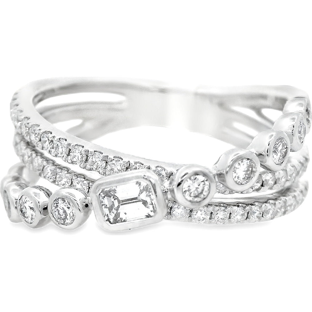 14K White Gold Multi-Band Fashion Ring with Bezel Set Emerald Cut and Round Diamonds - 0.73 Carat Total Diamond Weight by Auriventus