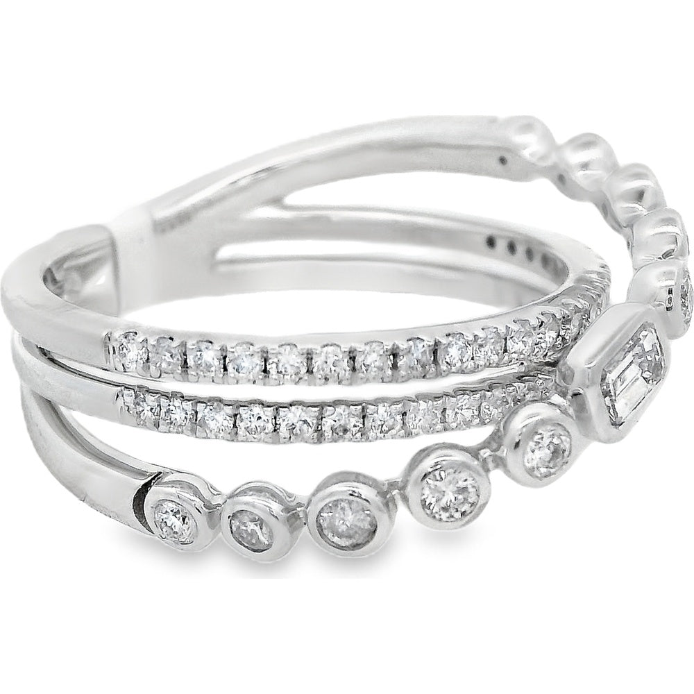 14K White Gold Multi-Band Fashion Ring with Bezel Set Emerald Cut and Round Diamonds - 0.73 Carat Total Diamond Weight by Auriventus