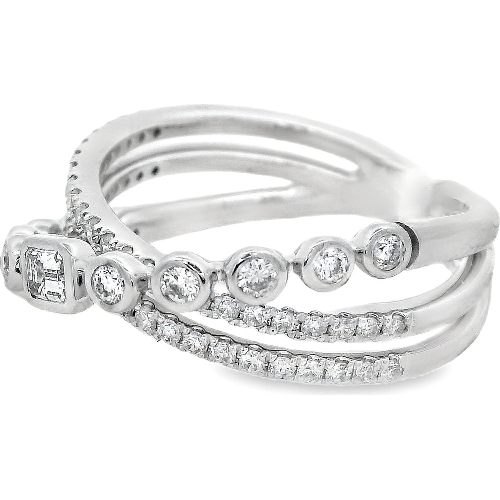 14K White Gold Multi-Band Fashion Ring with Bezel Set Emerald Cut and Round Diamonds - 0.73 Carat Total Diamond Weight by Auriventus
