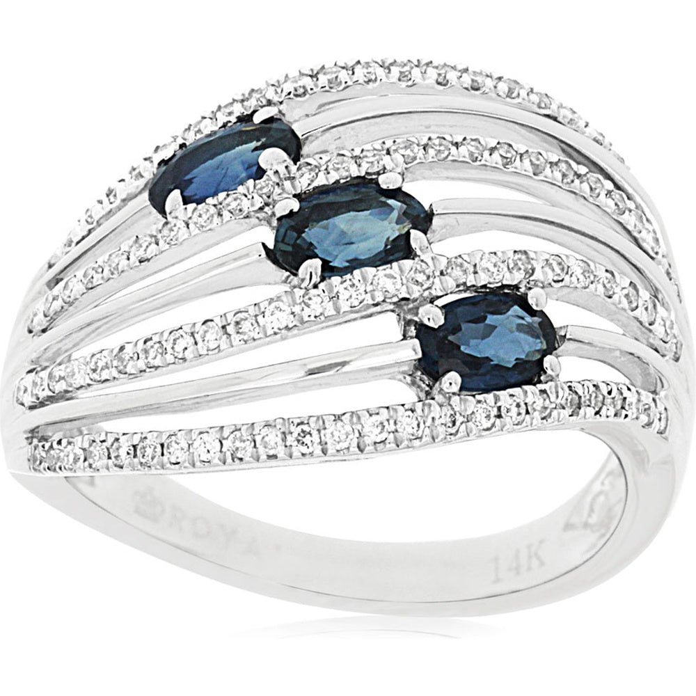 14K White Gold Multi-Band Free Form Ring with Three Oval Sapphires and Round Diamond Accents - 0.80 Carat Total Sapphire Weight and 0.29 Carat Total Diamond Weight - Royal Jewelry