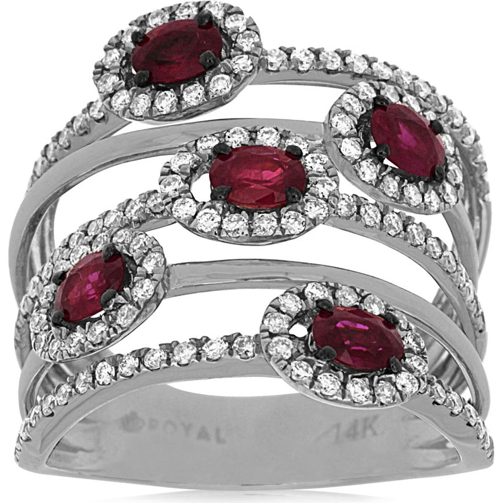 14K White Gold Multi-Band Halo Ring with Oval Rubies and Pavé-Set Round Diamonds - 0.70 Carat Total Diamond Weight and 0.95 Carat Total Ruby Weight - Royal Jewelry
