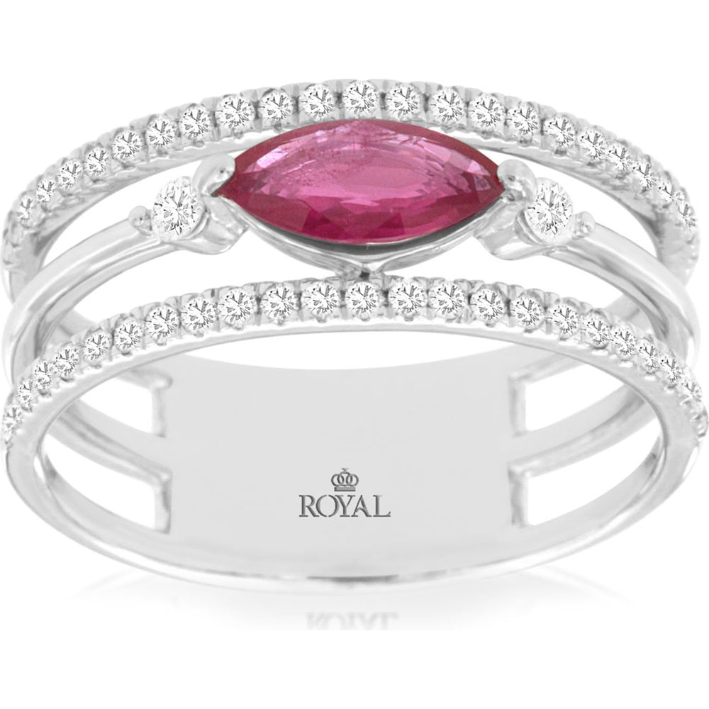 14K White Gold Multi-Band Ring with Marquise Cut Ruby and Round Diamond Accents - 0.62 Carat Ruby and 0.26 Carat Total Diamond Weight - Royal Jewelry