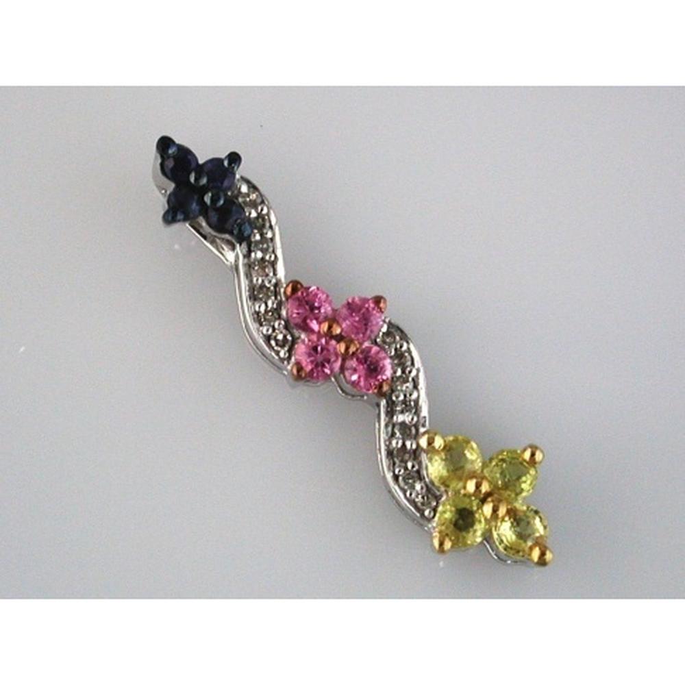 14K White Gold Multi-Color Flower Pendant with Blue and Pink Sapphires, Yellow Semi-Precious Stones, and 0.09 Carat Diamonds - 0.74 Carat Total Gem Weight - Royal Jewelry