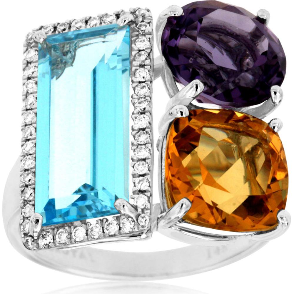 14K White Gold Multi-Color Semi-Precious Statement Ring with Diamond Halo Accent - 10.30 Carat Semi-Precious Gem Weight and 0.21 Carat Diamond Weight - Royal Jewelry