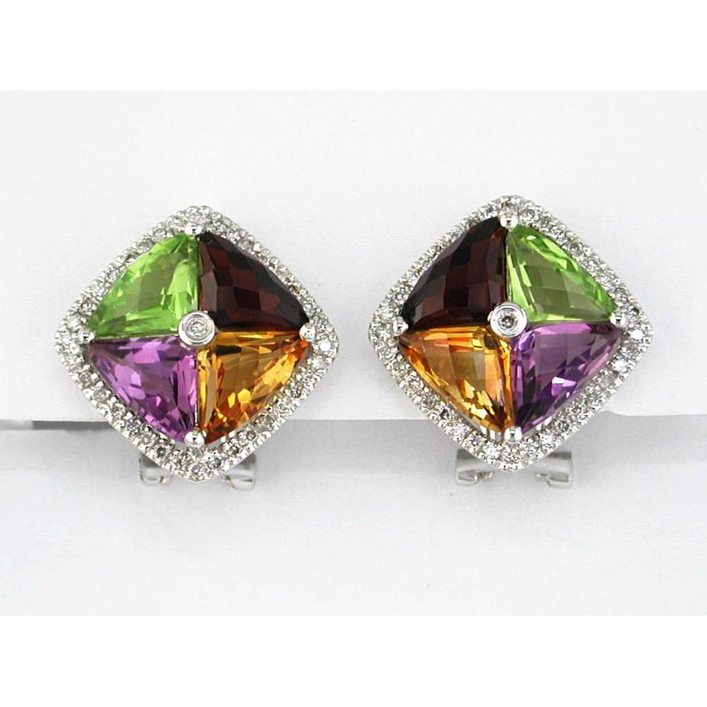 14K White Gold Multi-Color Special Cut Semi-Precious Earrings with Garnet, Citrine, Peridot, Amethyst and Diamond Halo - 0.30 Carat Diamond Total Weight, 6.00 Carat Semi-Precious Total Weight - Royal Jewelry