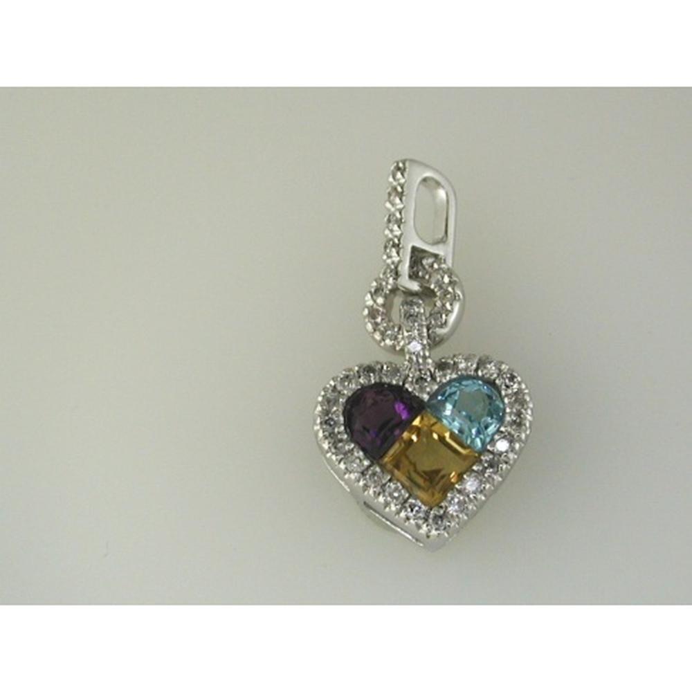 14K White Gold Multi-Gem Heart Pendant with 0.20 Carat Diamond Halo and 0.75 Carat Amethyst, Citrine, and Blue Topaz - Royal Jewelry