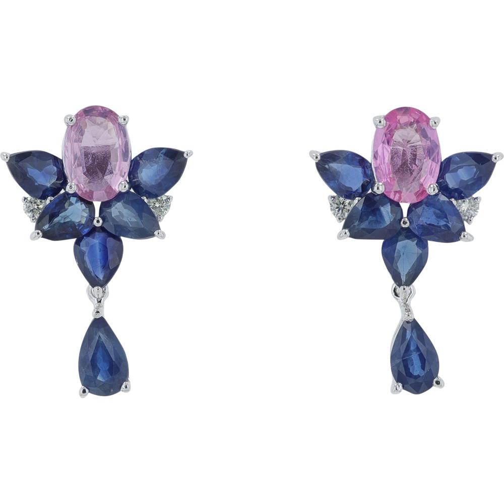 14K White Gold Multi Gemstone Earrings with Oval Pink Sapphires and Pear Blue Sapphire Drops - 3.00 Carat Total Color Weight with 0.05 Carat Diamond Accents