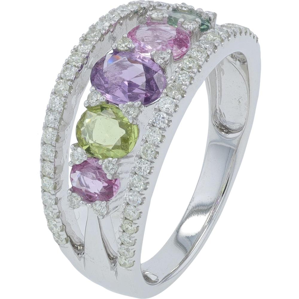 14K White Gold Multi Gemstone Ring with Diamond Accents - 1.30 Carat Total Gemstone Weight, 0.45 Carat Total Diamond Weight