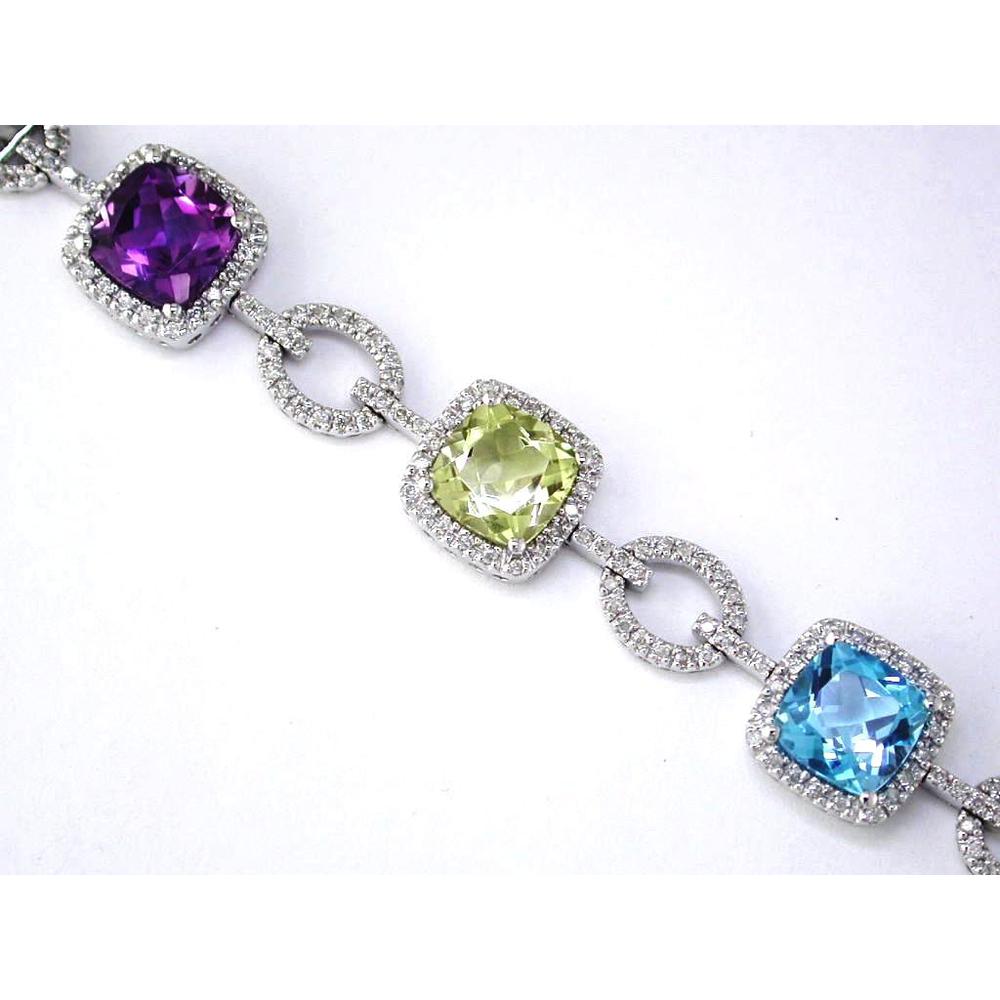 14K White Gold Multi-Gemstone Station Bracelet with Cushion Cut Amethyst, Lemon Quartz, and Blue Topaz in Diamond Halos - 15.00 Carat Semi-Precious Gem Weight - Royal Jewelry