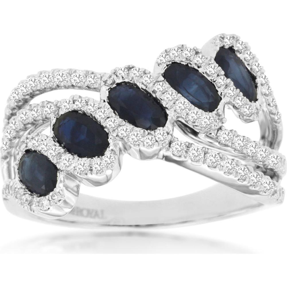 14K White Gold Multi-Oval Sapphire Ring with Diamond Halos and Diamond Split Shank - 1.45 Carat Total Sapphire Weight & 0.63 Carat Total Diamond Weight - Royal Jewelry