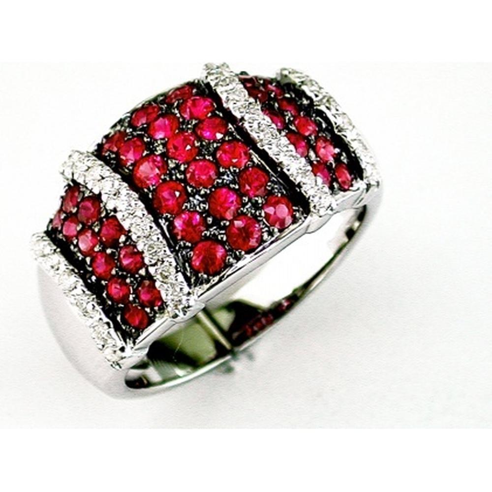 14K White Gold Multi-Row Band Ring with Round Rubies and Diamond Accents - 1.35 Carat Total Ruby Weight, 0.21 Carat Total Diamond Weight - Royal Jewelry