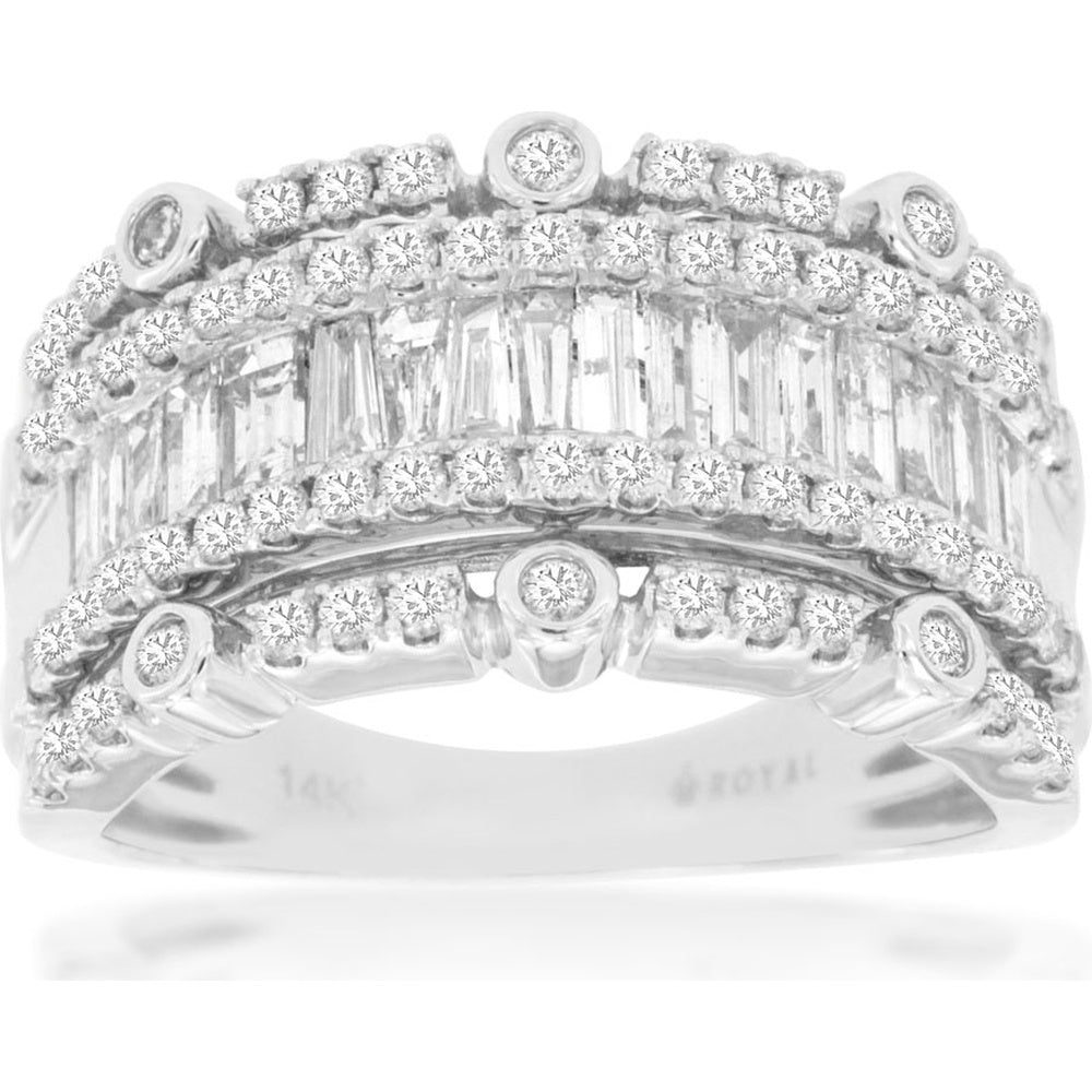 14K White Gold Multi-Row Diamond Band with Baguette and Pavé Set Round Diamonds - 1.50 Carat Total Diamond Weight - Royal Jewelry