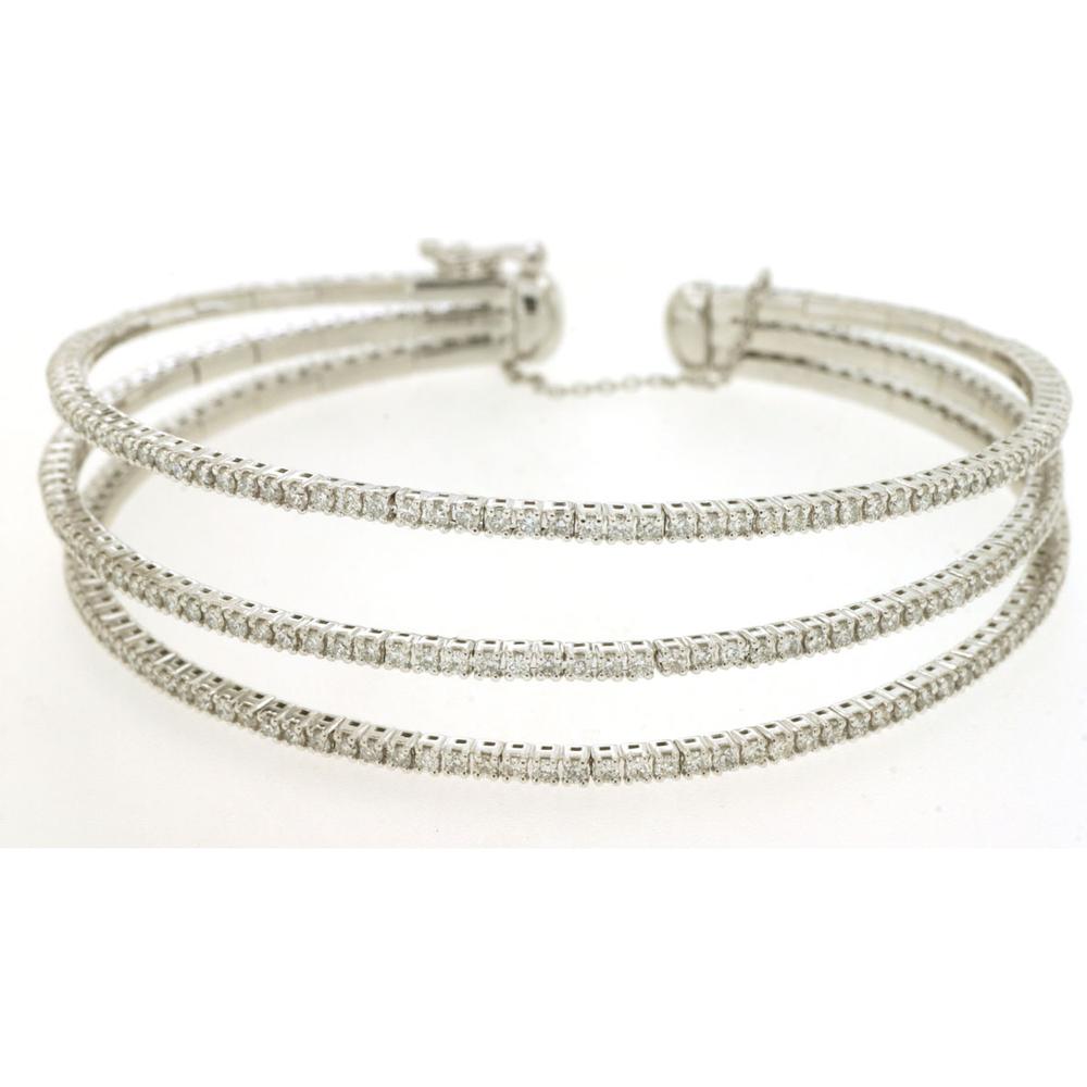 14K White Gold Multi-Row Diamond Bangle Bracelet with Round Diamonds - 3.00 Carat Total Diamond Weight - Royal Jewelry