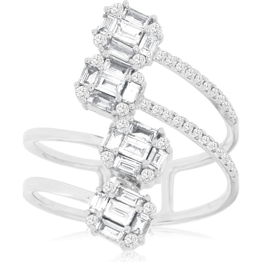 14K White Gold Multi-Row Diamond Ring with Baguette Cluster Stations and Pavé-Set Round Accents - 0.78 Carat Total Diamond Weight - Royal Jewelry