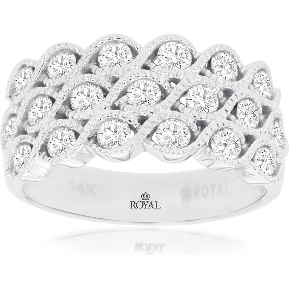14K White Gold Multi-Row Diamond Wedding Band with Round Brilliant Diamonds - 1.12 Carat Total Diamond Weight - Royal Jewelry