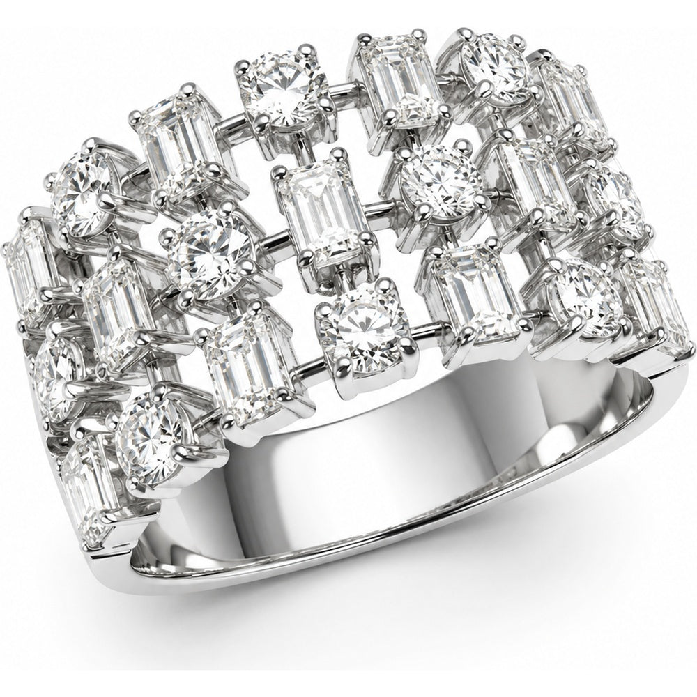 14K White Gold Multi-Row Fashion Ring with Mixed Round and Emerald Cut Diamonds - 1.98 Carat Total Diamond Weight by Auriventus