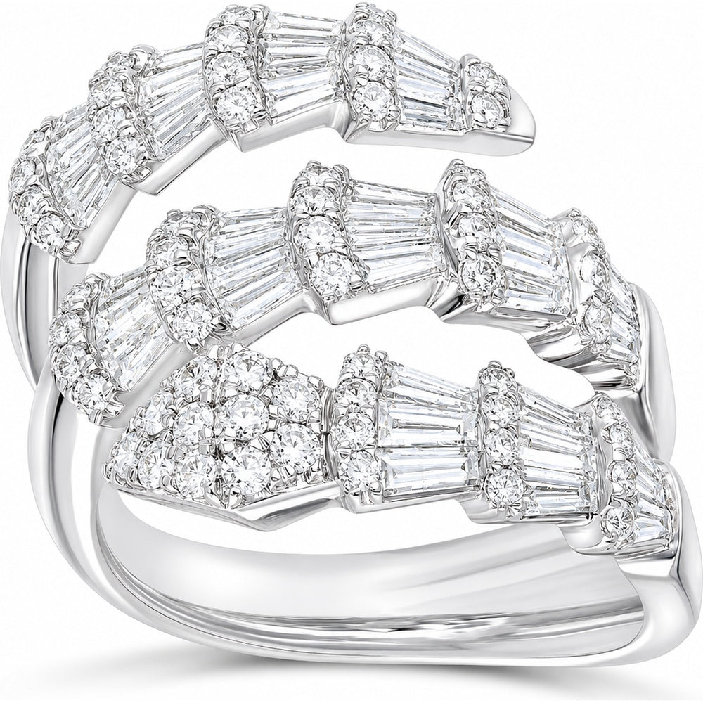 14K White Gold Multi-Row Fashion Ring with Round and Baguette Diamonds - 3.26 Carat Total Diamond Weight by Auriventus