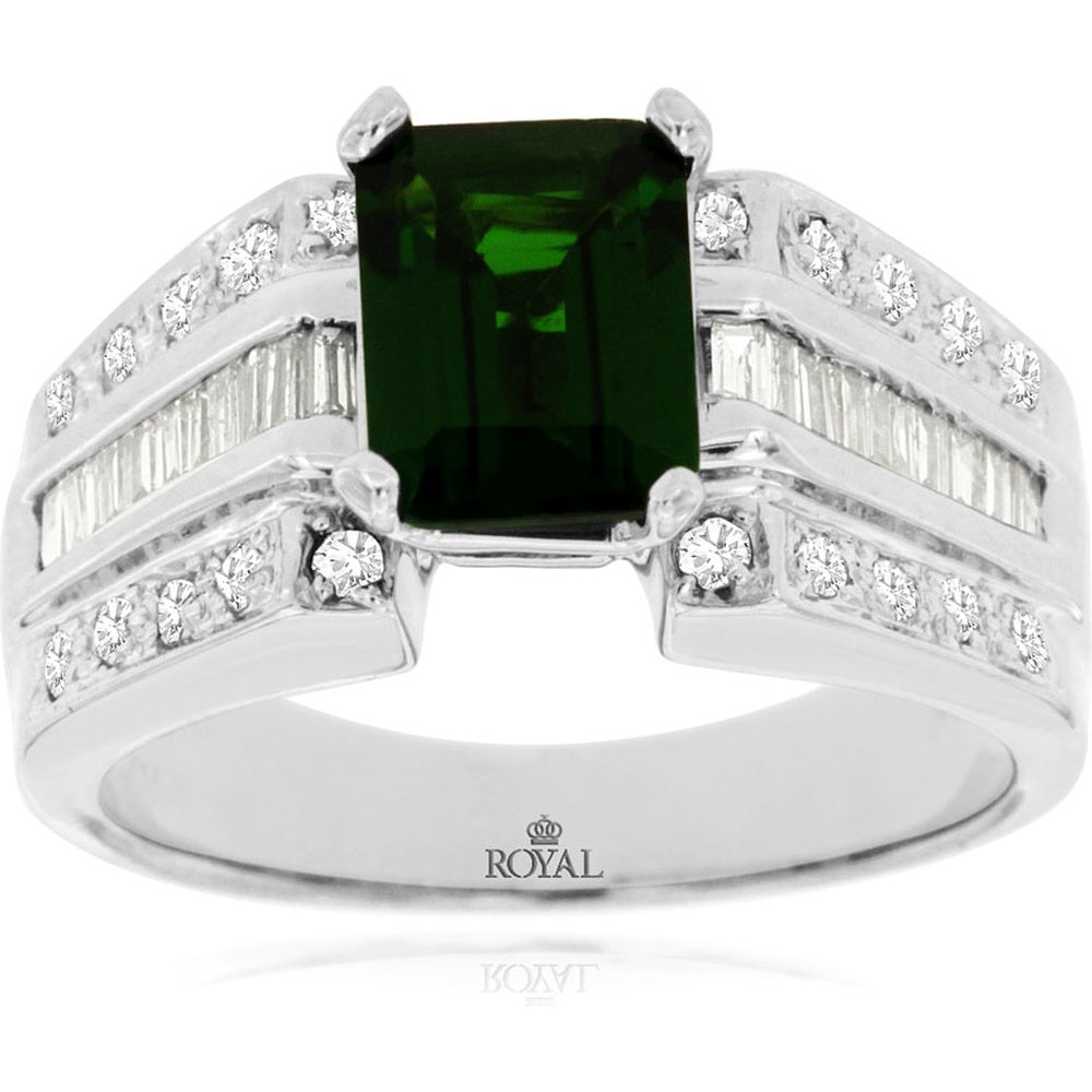 14K White Gold Multi-Row Ring with Emerald-Cut Russalite and Channel-Set Baguette and Round Diamonds - 1.60 Carat Russalite and 0.61 Carat Total Diamond Weight - Royal Jewelry