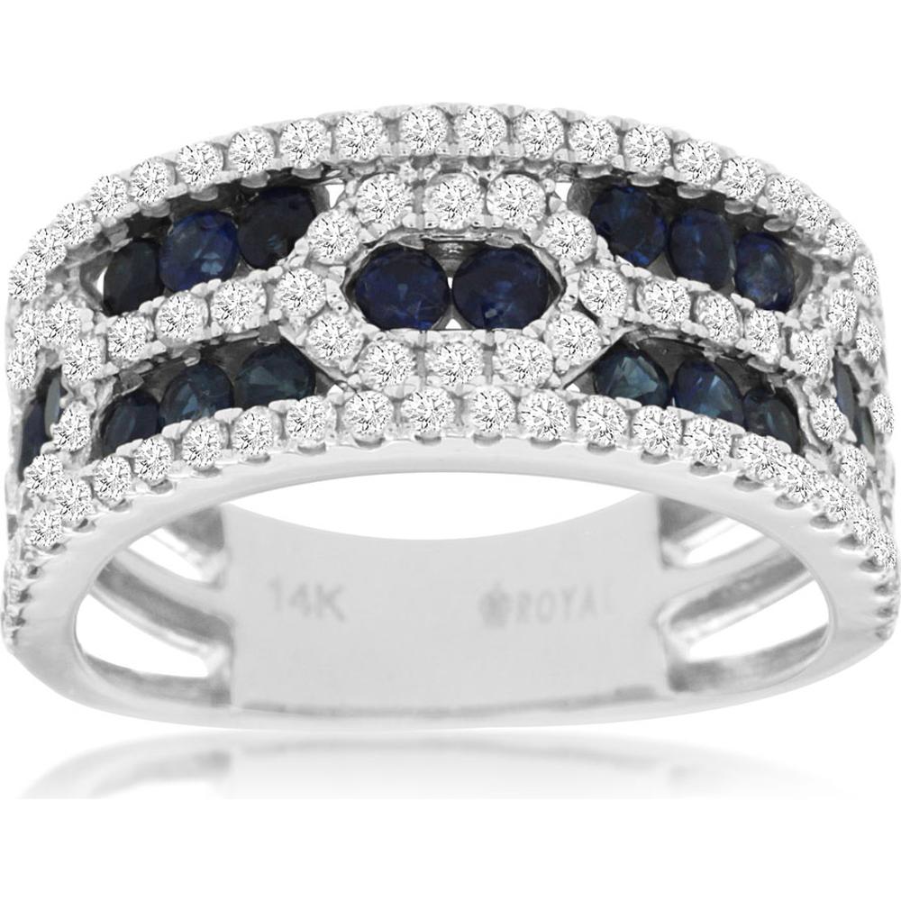14K White Gold Multi-Row Sapphire and Diamond Band with Round Cut Blue Sapphires and Diamond Accents - 0.81 Carat Total Sapphire Weight and 0.85 Carat Total Diamond Weight - Royal Jewelry