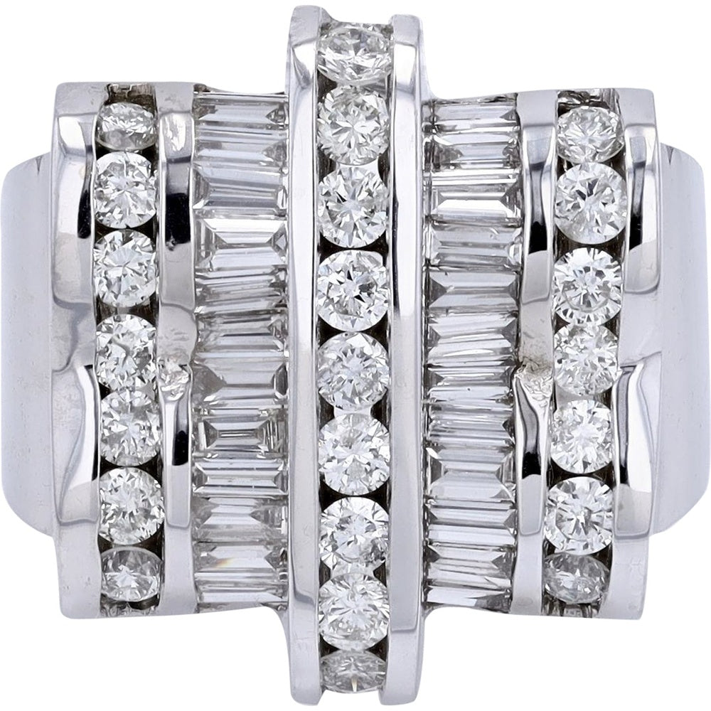 14K White Gold Multi-Row Statement Ring with Channel-Set Baguette and Bezel-Set Round Diamonds - 2.15 Carat Total Diamond Weight