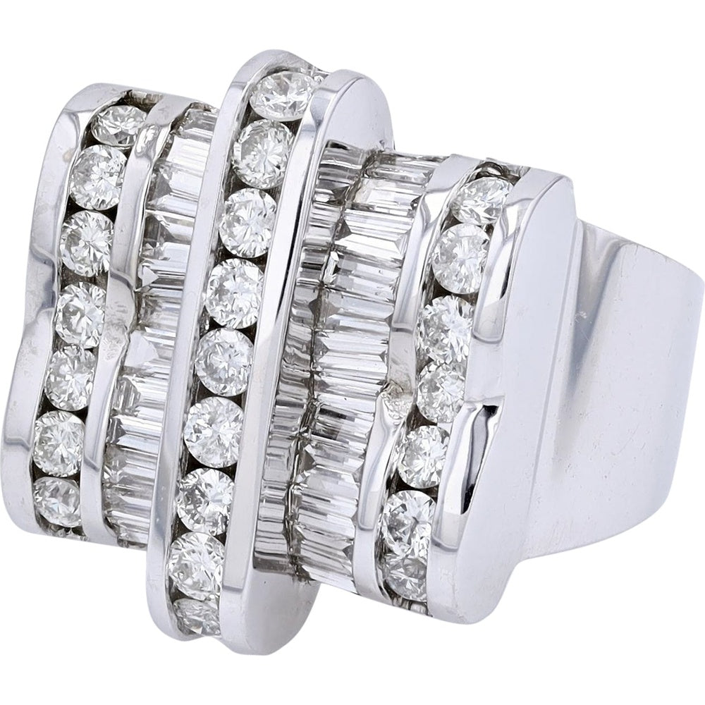 14K White Gold Multi-Row Statement Ring with Channel-Set Baguette and Bezel-Set Round Diamonds - 2.15 Carat Total Diamond Weight
