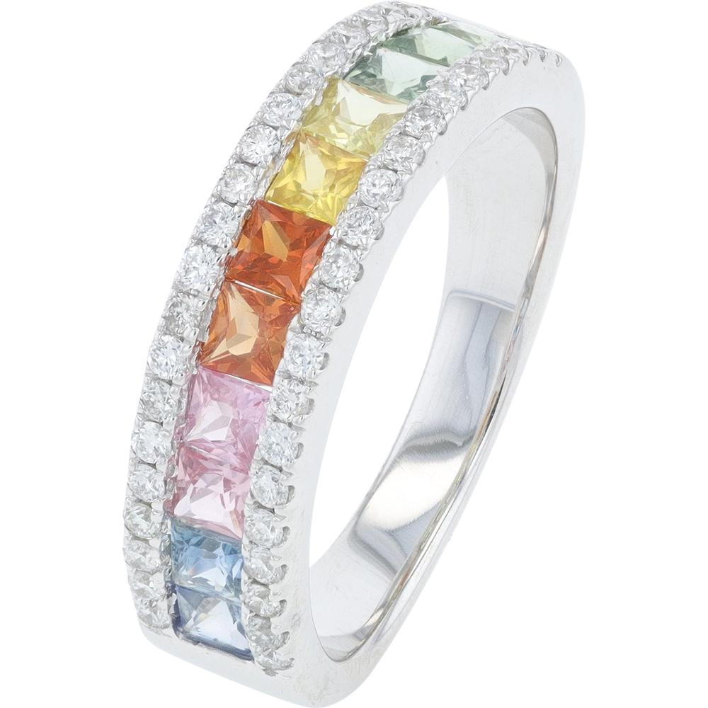 14K White Gold Multi Sapphire Band with Diamond Accents - 1.70 Carat Total Carat Weight